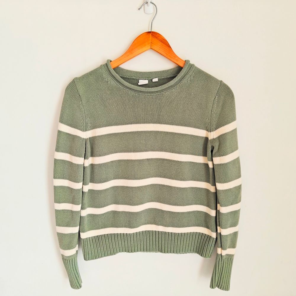 Gap 100% Cotton Shrunken Roll Neck Green And White Striped Sweater Size XS